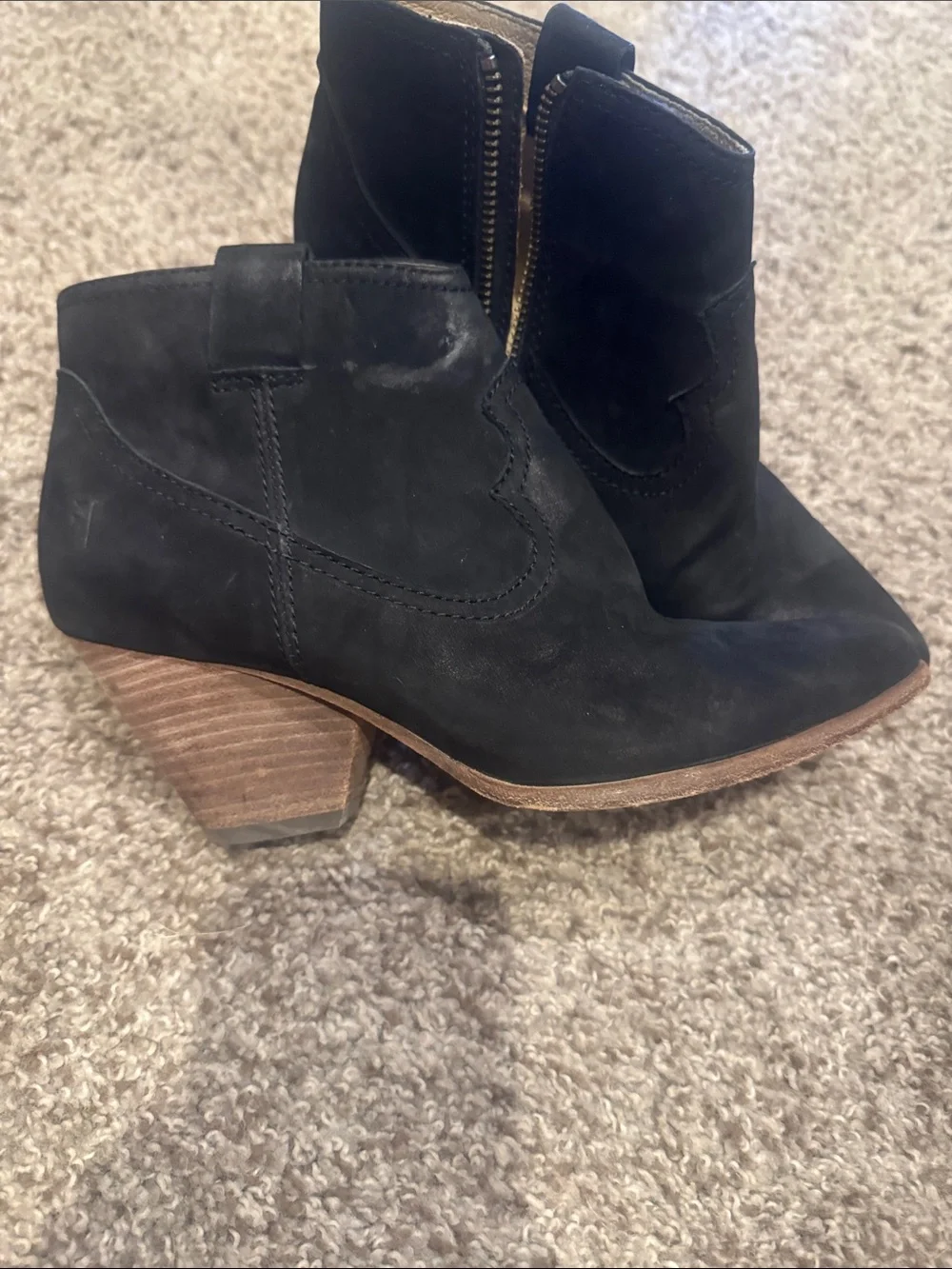 Frye Black Suede Ankle Booties with Side Zipper and Stacked Heel